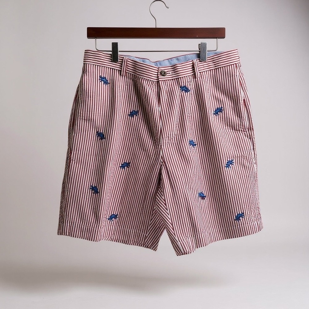 Brooks Brothers 346 Mens Red White Seersucker Crab Embroidered Shorts Size 35 - Picture 10 of 10